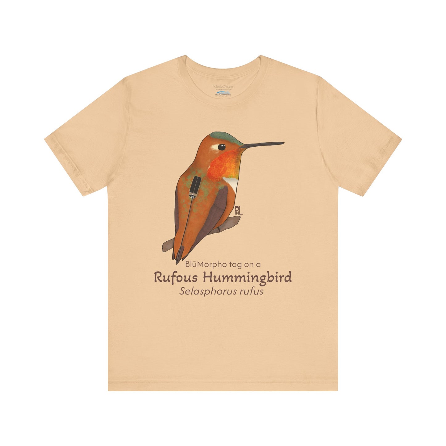 light yellow t-shirt with a Rufous Hummingbird illustration and text on a white background