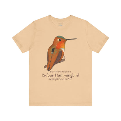 light yellow t-shirt with a Rufous Hummingbird illustration and text on a white background