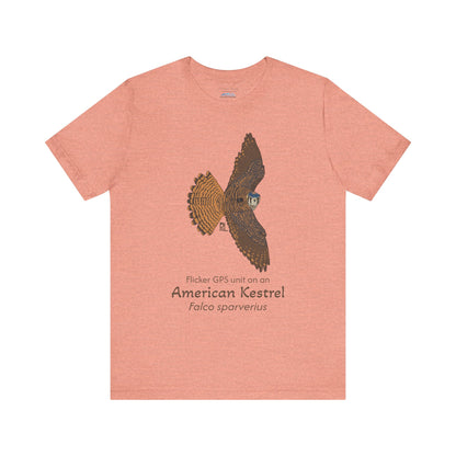 light orange t-shirt with an American Kestrel illustration and text on a white background