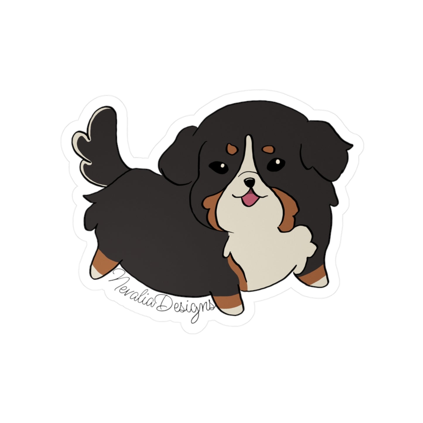 kawaii dog sticker with black, brown, and white fur on a white background