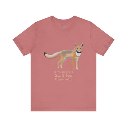 mauve t-shirt with a swift fox illustration and text on a white background