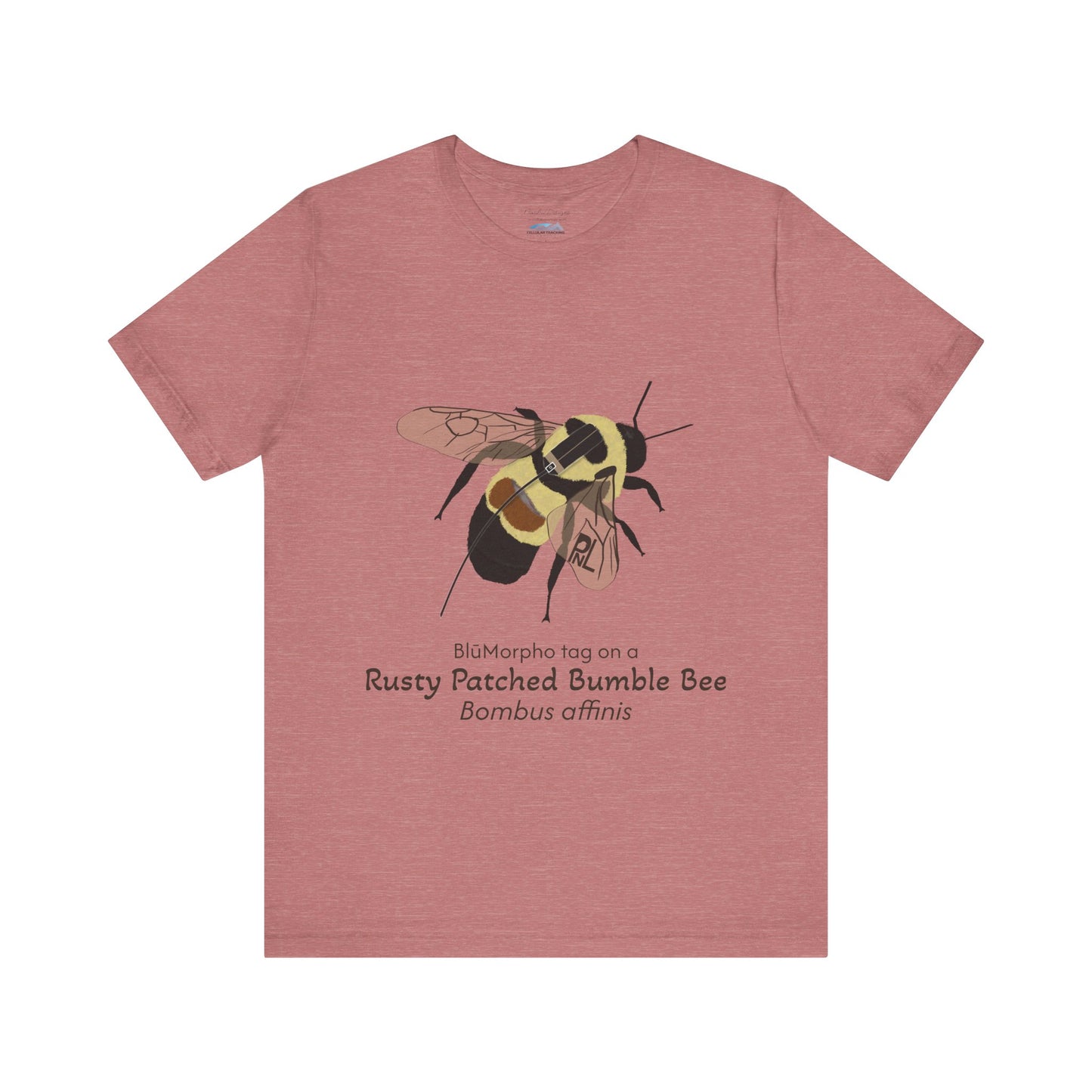 mauve t-shirt with a rusty patched bumble bee illustration and text on a white background