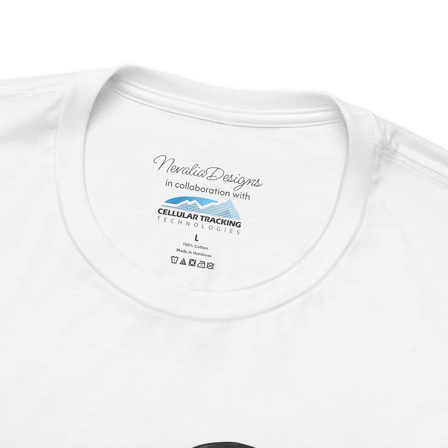 white t-shirt inner neck label with branding text and logos