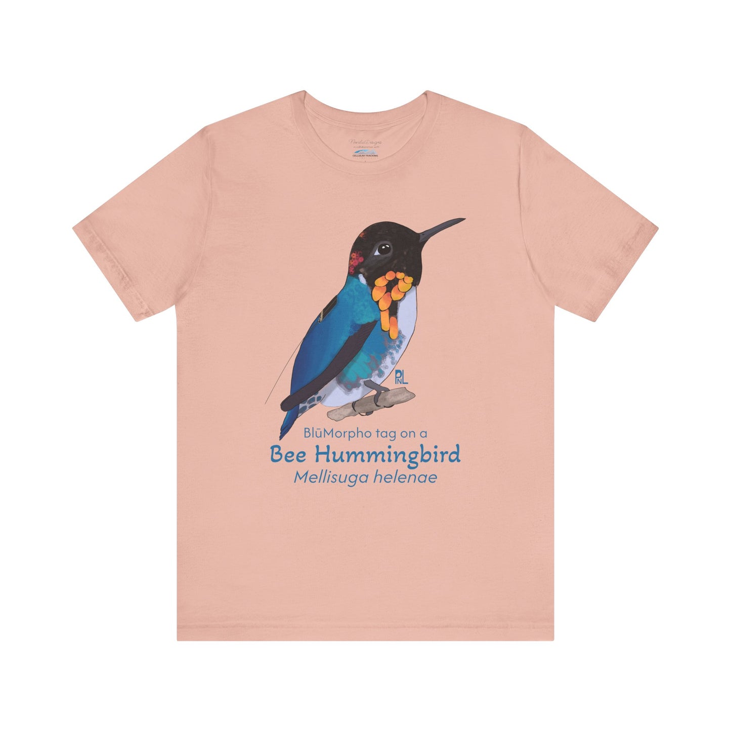 light orange t-shirt with a colorful bee hummingbird illustration and text on a white background