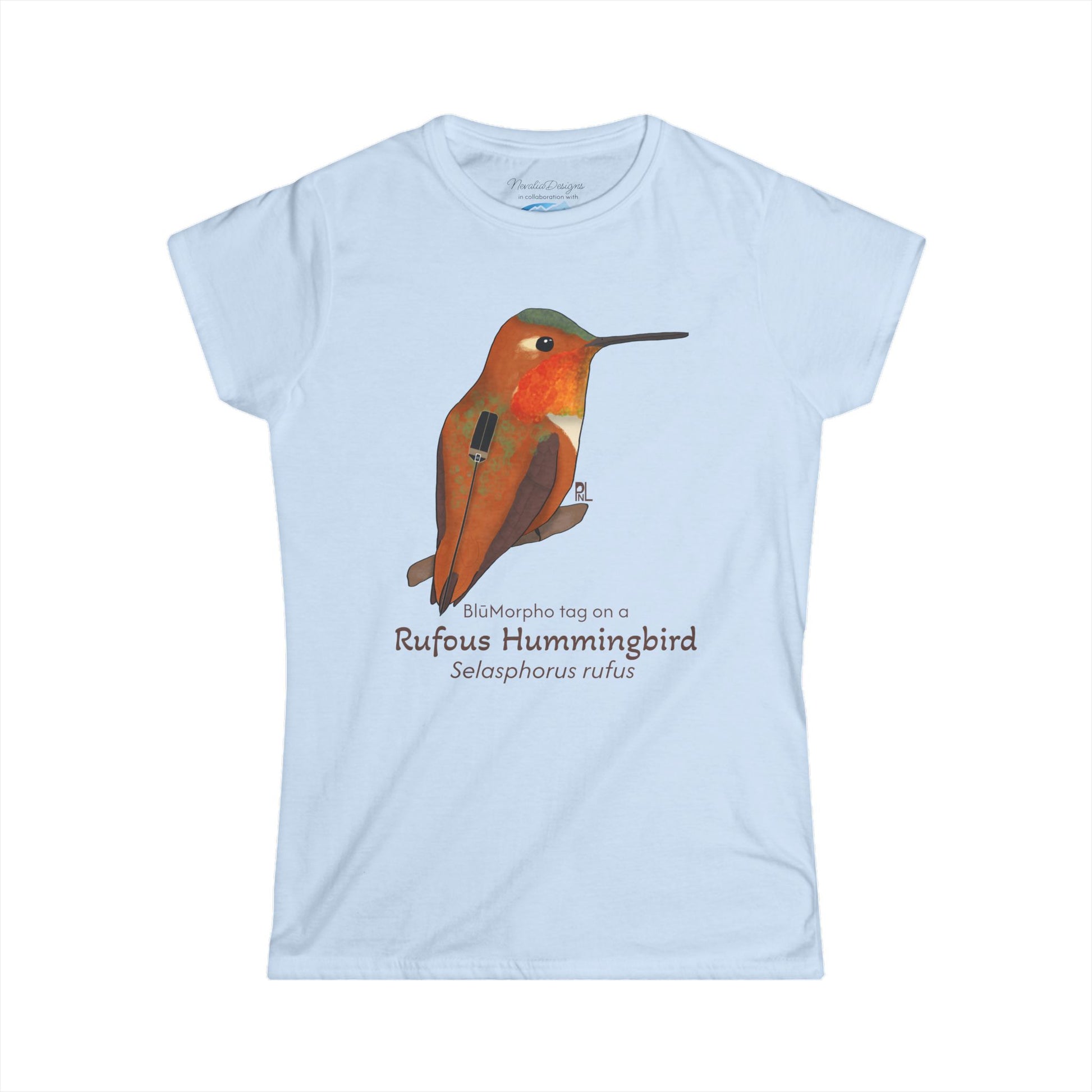 Light blue t-shirt with a Rufous Hummingbird illustration and text on a white background