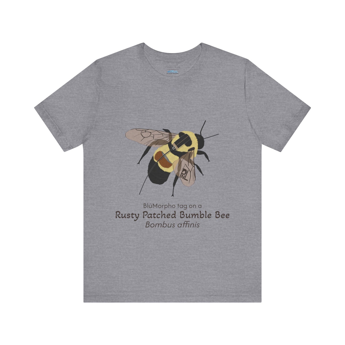 Gray t-shirt with a rusty patched bumble bee illustration and text on a white background