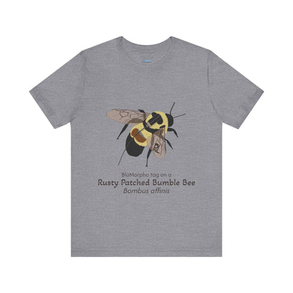 Gray t-shirt with a rusty patched bumble bee illustration and text on a white background