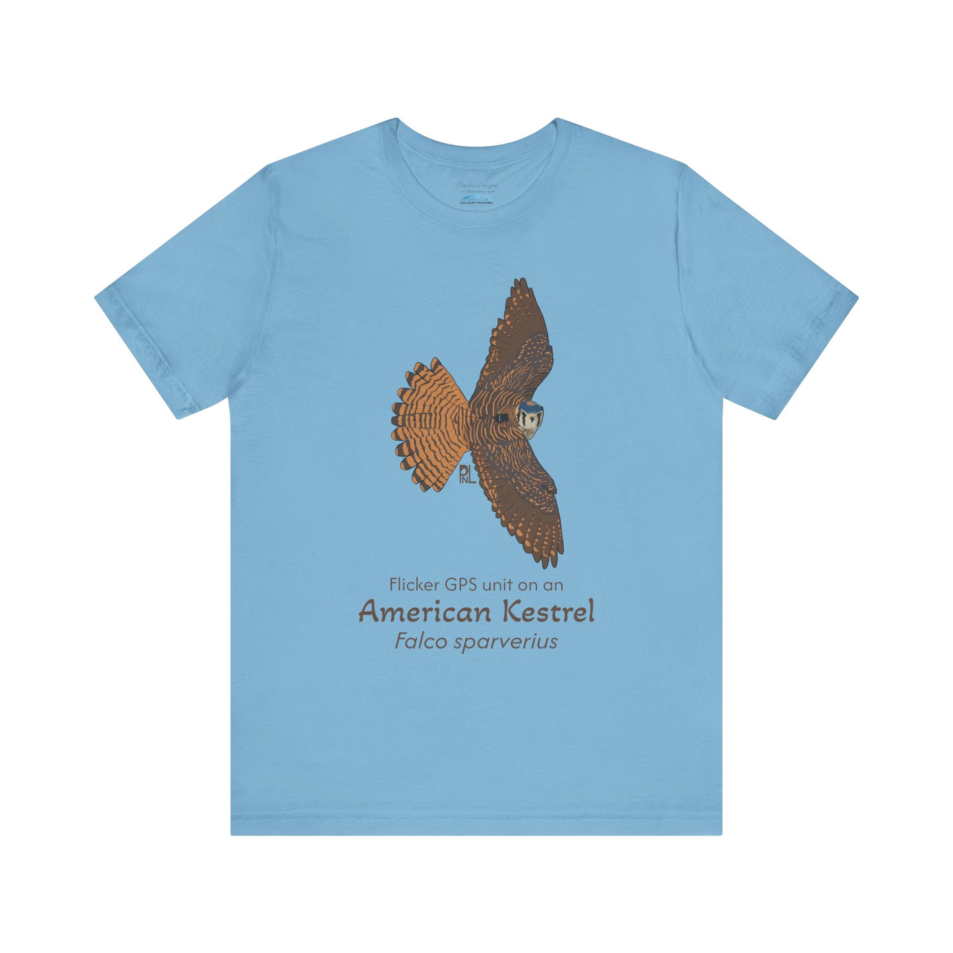 Light blue t-shirt with an American kestrel illustration and text on a white background