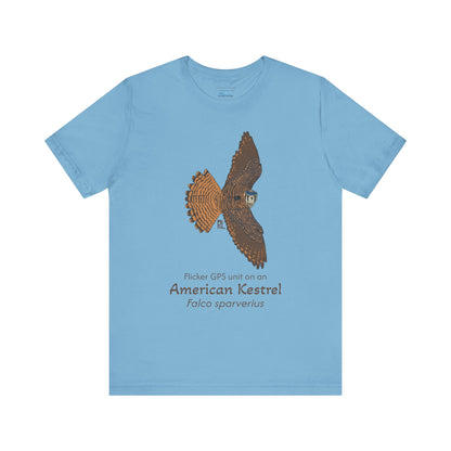 Light blue t-shirt with an American kestrel illustration and text on a white background
