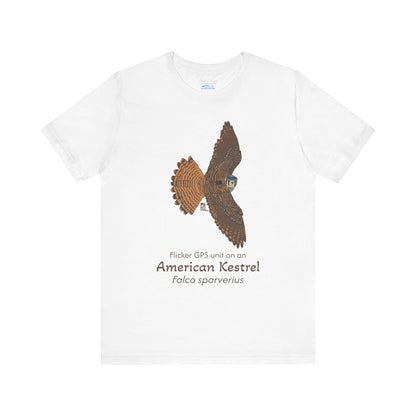 White t-shirt with an American kestrel illustration and text on a white background