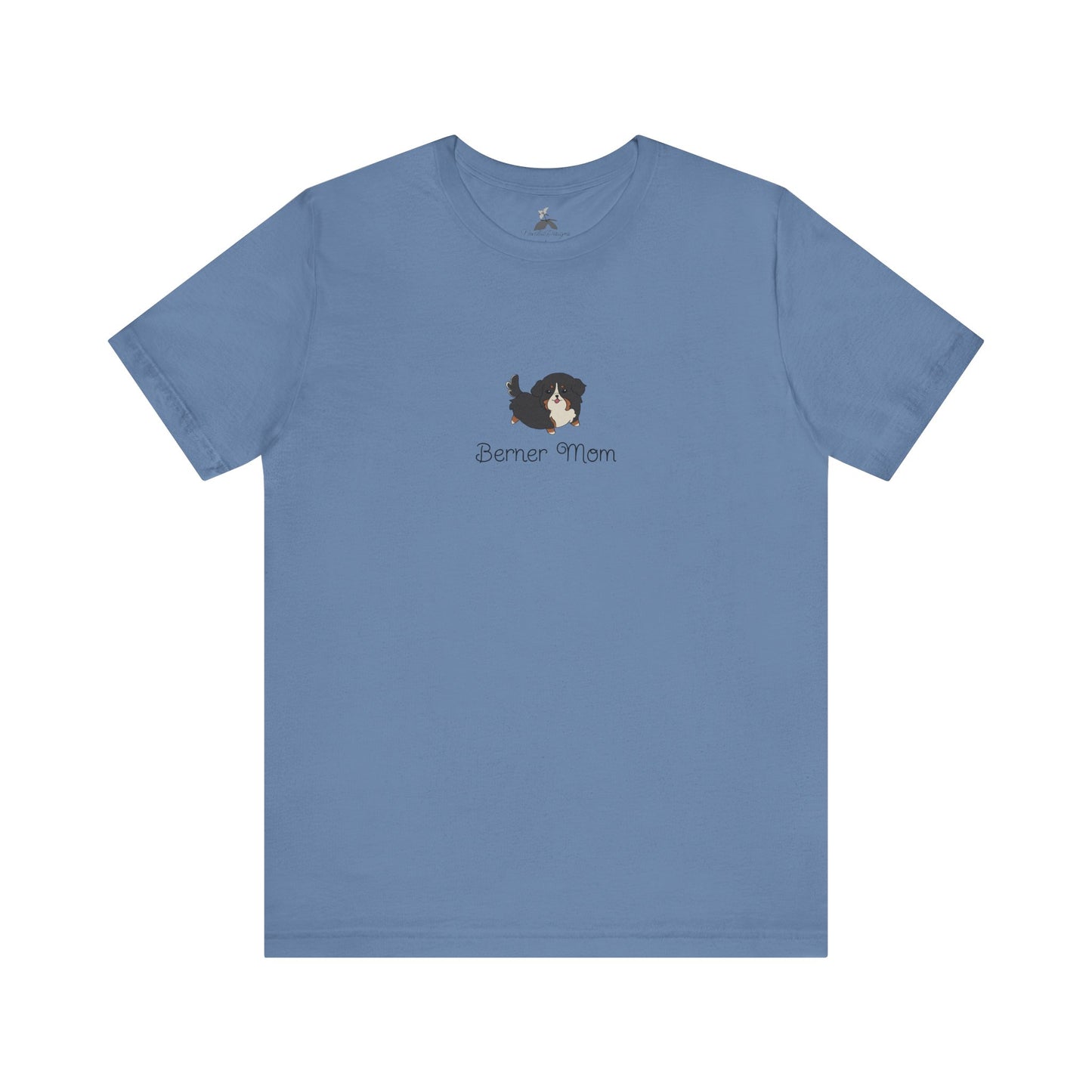 Blue t-shirt with a kawaii dog illustration and 'Berner Mom' text on a white background