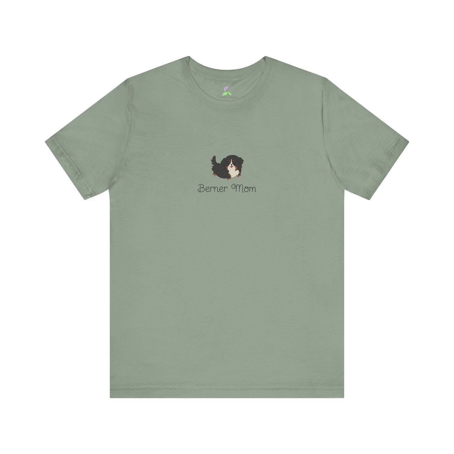 Sage green t-shirt with a kawaii dog illustration and 'Berner Mom' text on a white background
