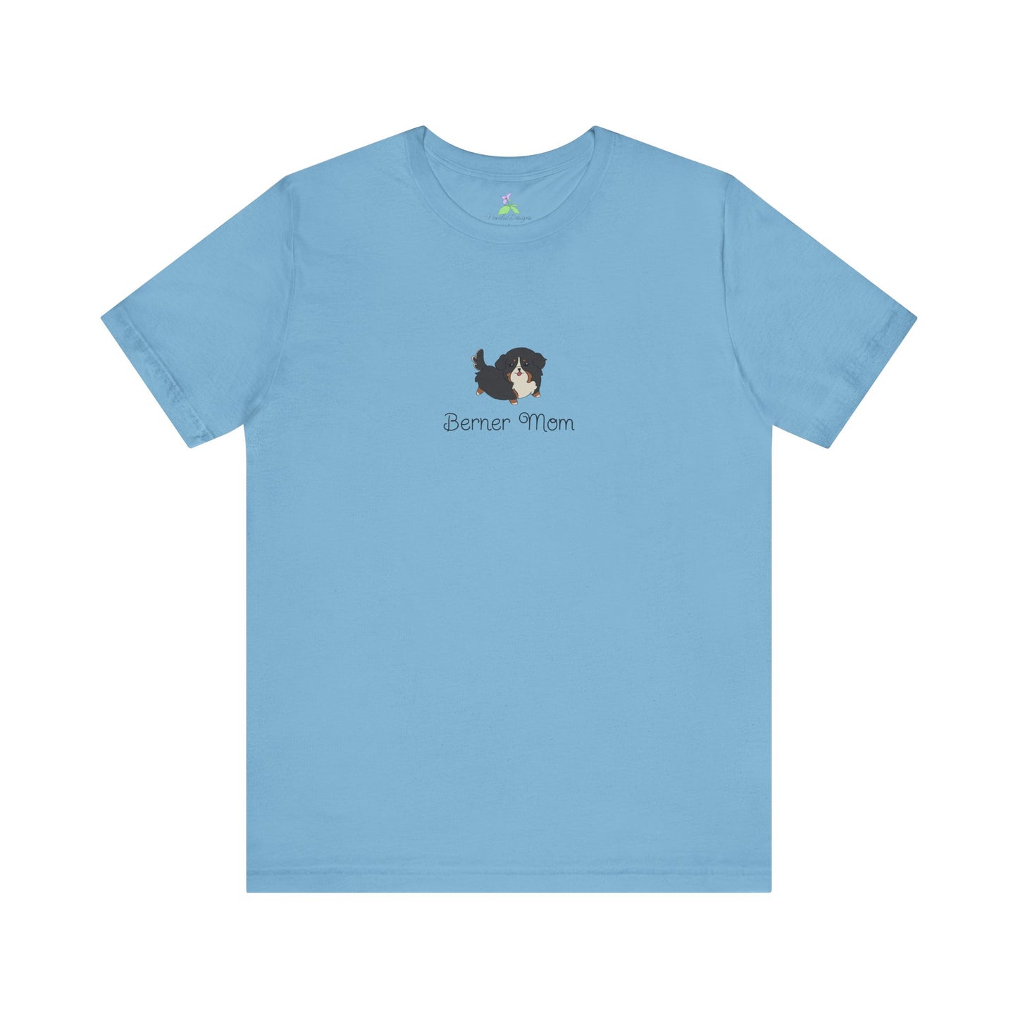 Light blue t-shirt with a kawaii dog illustration and 'Berner Mom' text on a white background