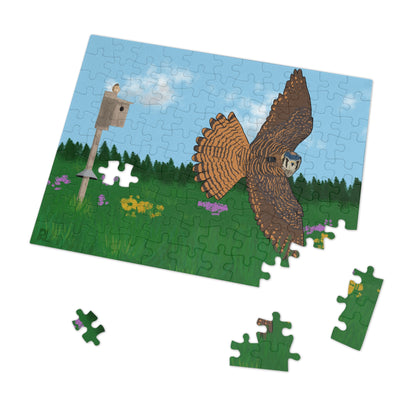 Jigsaw puzzle with an American Kestrel flying over a field with flowers and a nest box with a blue sky and forest on white background