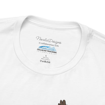 White t-shirt inner neck label with branding text and logo on a white background