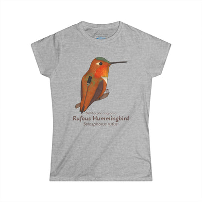 Gray t-shirt with a rufous hummingbird illustration and text on a white background