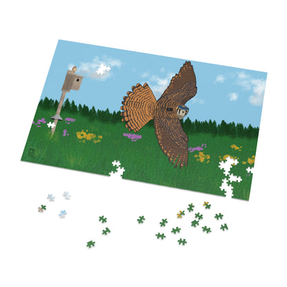 a large Jigsaw puzzle with an American Kestrel flying over a field with flowers and a nest box with a blue sky and forest on white background