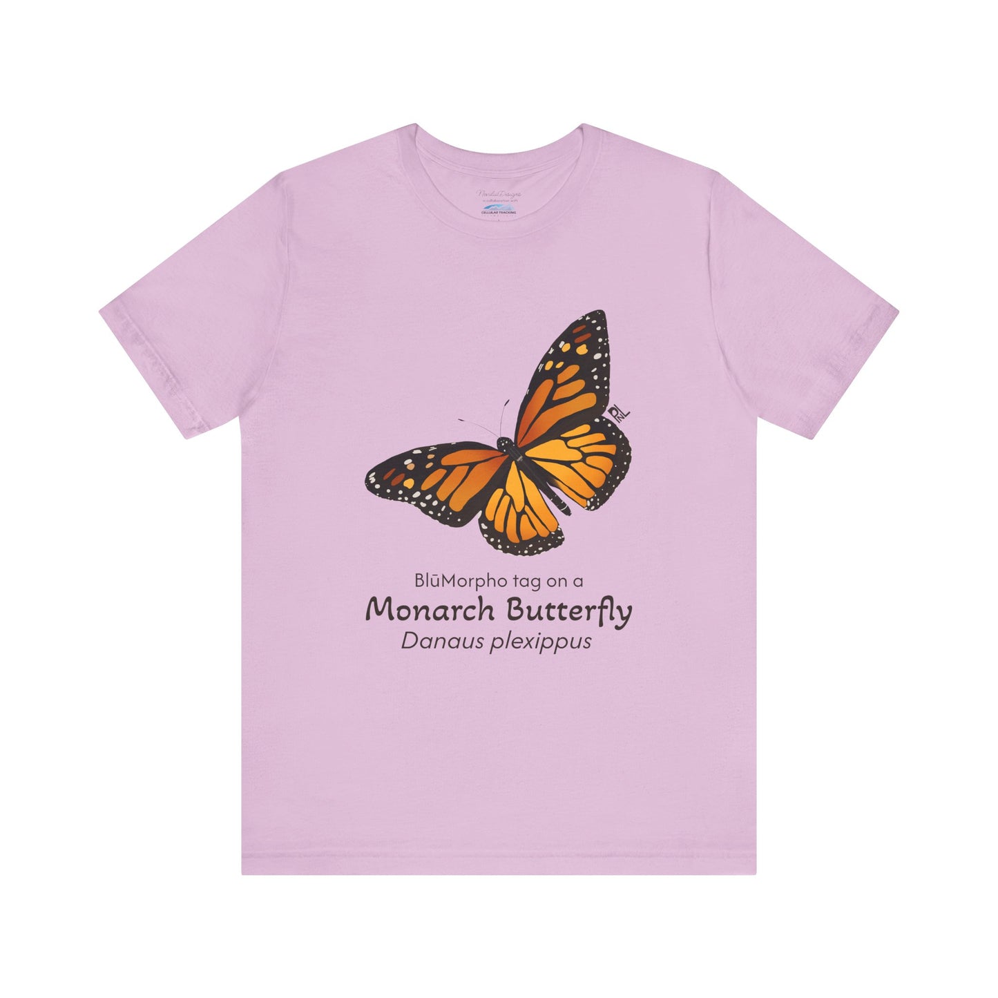 light purple t-shirt with a monarch butterfly illustration and text on a white background