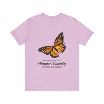 light purple t-shirt with a monarch butterfly illustration and text on a white background