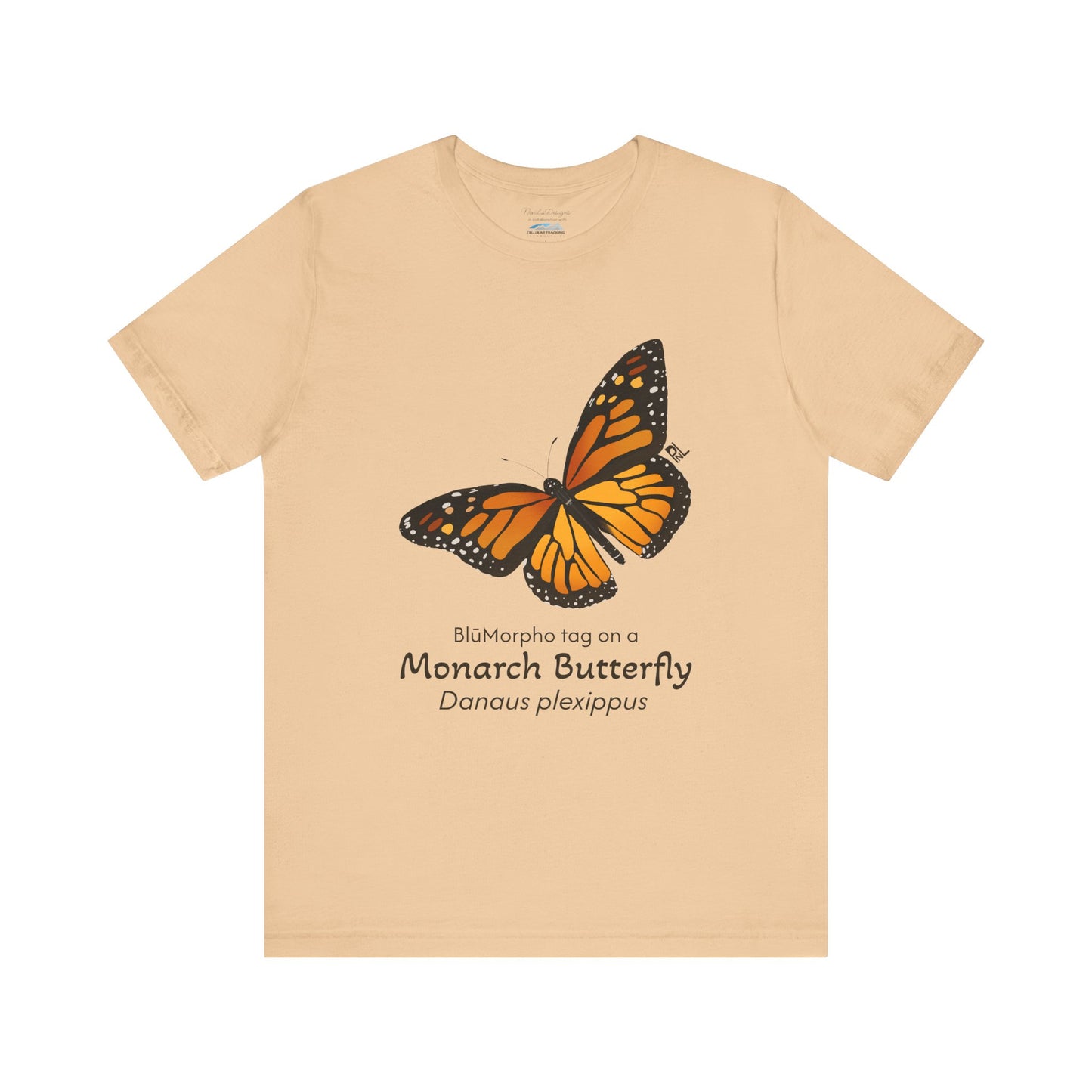 light yellow t-shirt with a monarch butterfly illustration and text on a white background