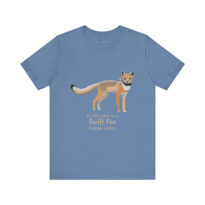 Blue t-shirt with a swift fox illustration and text on a white background