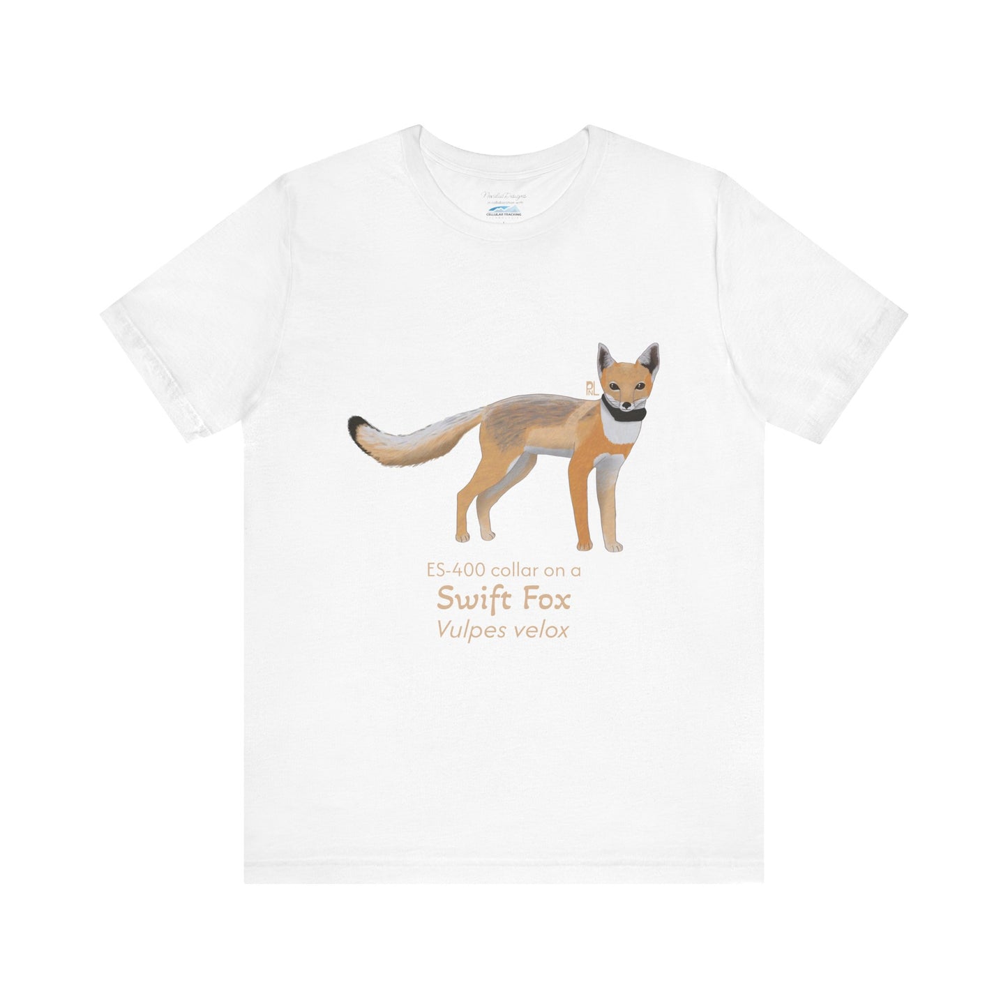 White t-shirt with a swift fox illustration and text on a white background