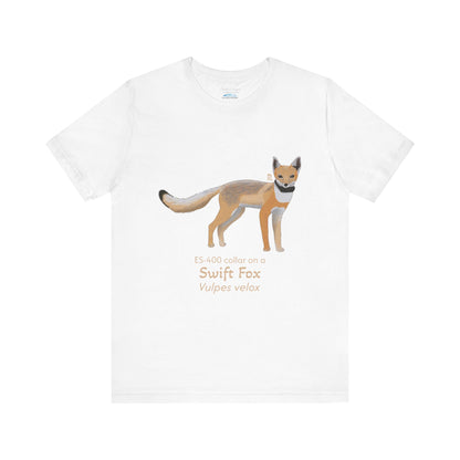 White t-shirt with a swift fox illustration and text on a white background