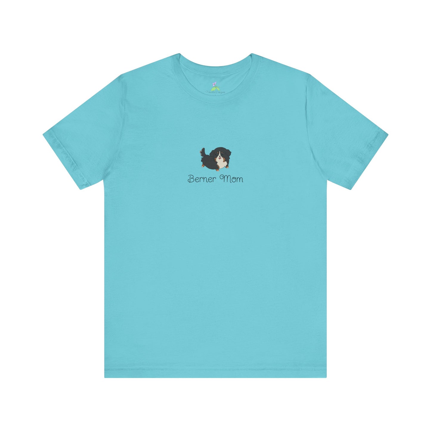 Turquoise t-shirt with a kawaii dog illustration and 'Berner Mom' text on a white background