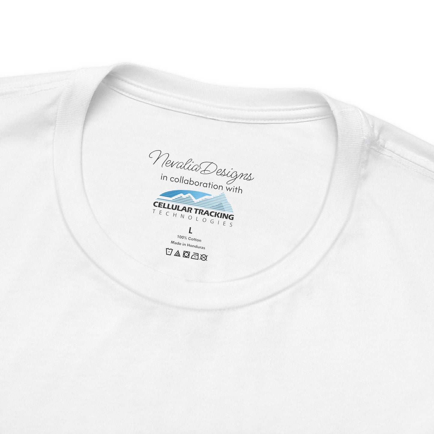 White t-shirt inner neck label with branding text and logo