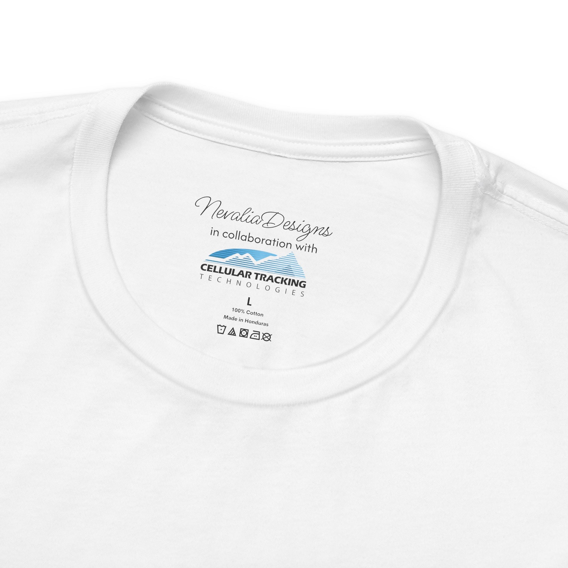 White t-shirt inner neck label with branding text and logo