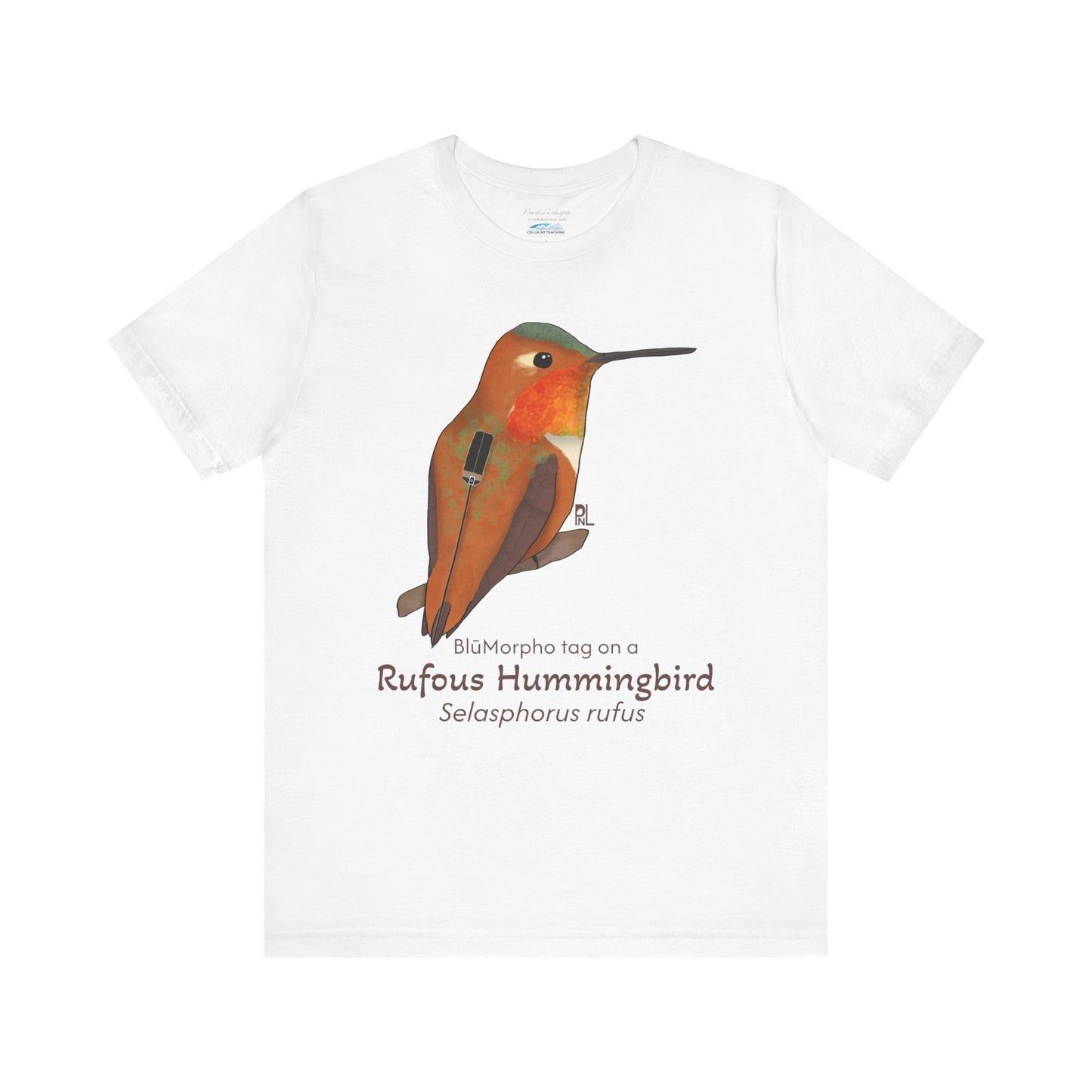 White t-shirt with a Rufous Hummingbird illustration and text on a white background