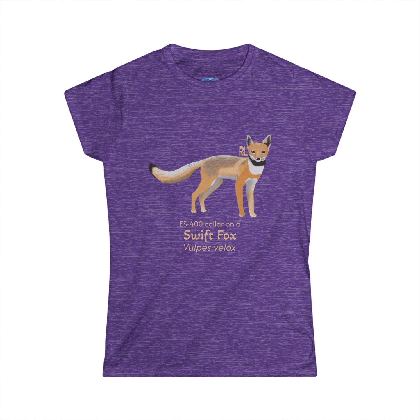 Purple t-shirt with a swift fox illustration and text on a white background
