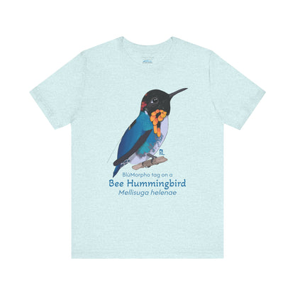 Light blue t-shirt with a colorful bee hummingbird illustration and text on a white background