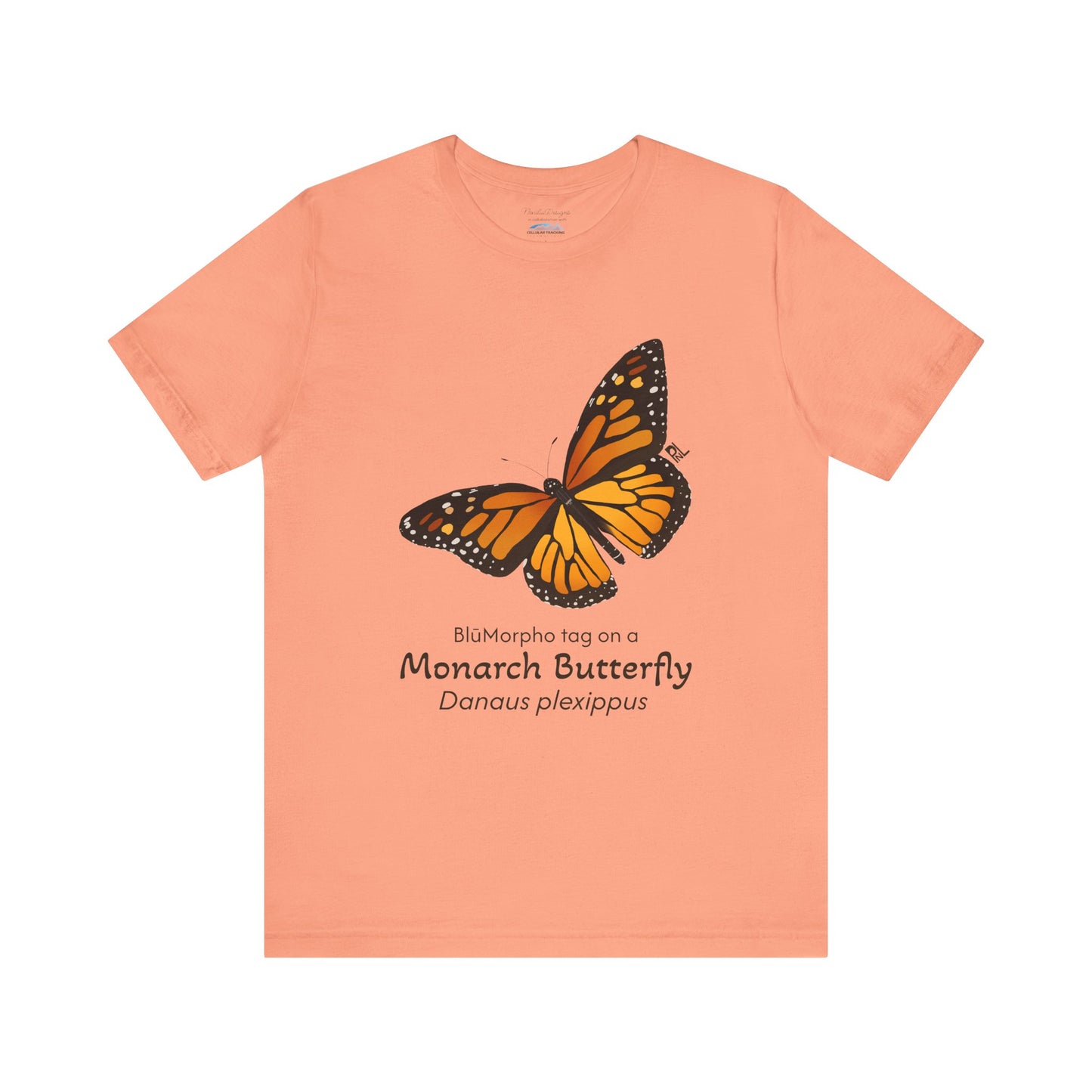 Peach t-shirt with a monarch butterfly illustration and text on a white background