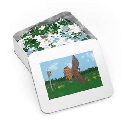 Jigsaw puzzle in a tin box with an American kestrel illustration on the lid
