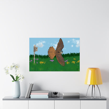 A poster of an American Kestrel flying over a field with flowers and a nest box with a blue sky and forest on a white wall above a shelf with decor items.