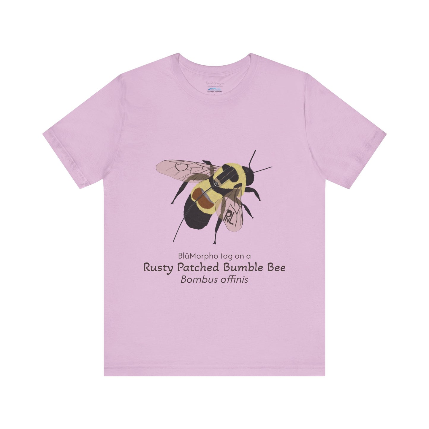 light purple t-shirt with a rusty patched bumble bee illustration and text on a white background