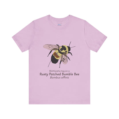 light purple t-shirt with a rusty patched bumble bee illustration and text on a white background