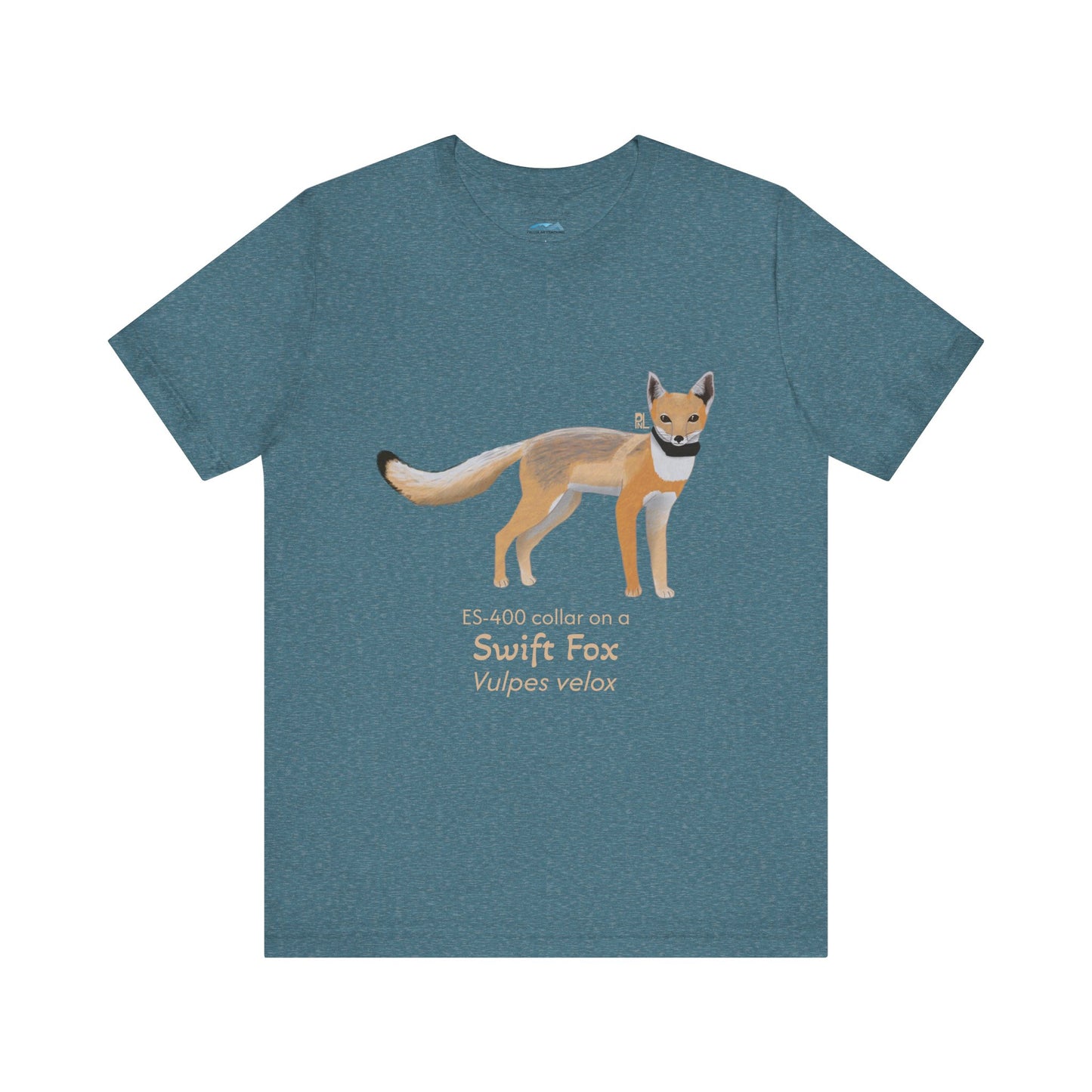 Blue green t-shirt with a swift fox illustration and text on a white background